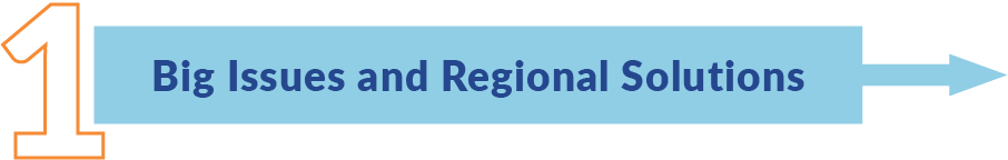 A flow diagram (movement left to right) with 3 steps describing how to understand the water supply in Los Angeles County.  Step 1: Big Issues and Regional Solutions 